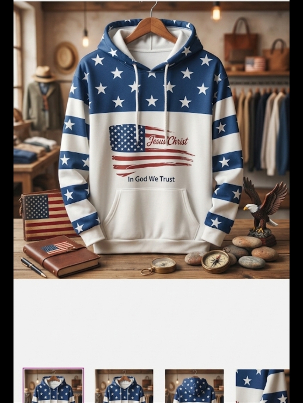 Patriotic USA Flag Hoodie - "Jesus Christ / In God We Trust" - Size L-XL